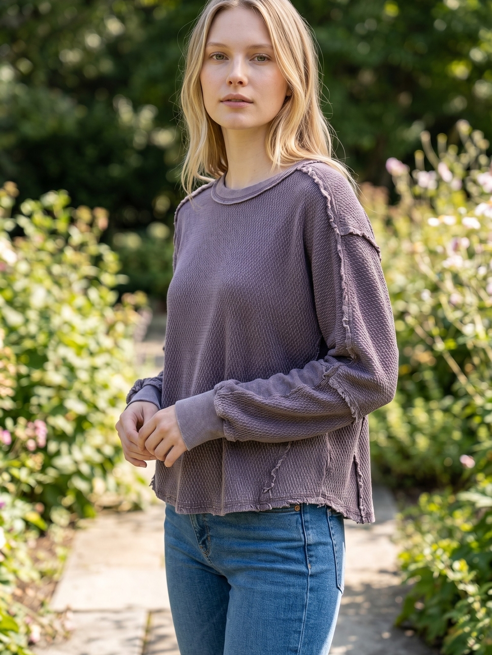 Washed Mauve Raw-Edge Thermal Pullover -Women